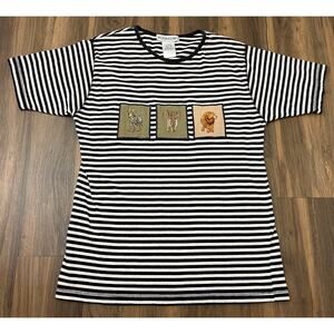 VTG Victoria Jones elephant lion zebra patch graphic striped cotton t-shirt, M